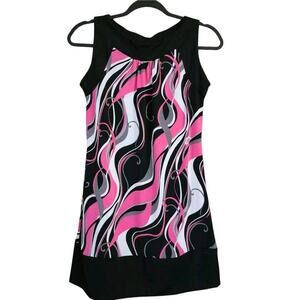 Vanity Womens Shift Dress Size S Black Pink Hippie Sleeveless Pleated Stretch